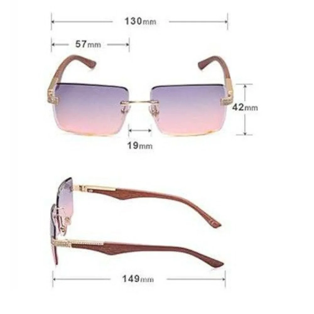 Rimless Sunglasses Wood Grain Frame Rhinestone Accents Blue Lens Men Hip Hop New